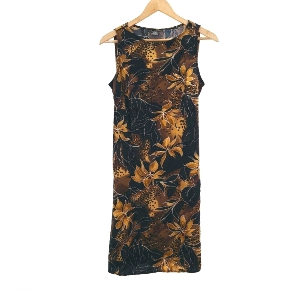 Summer Lightweight Vintage Floral Dress, Brown and Gold Color Tones, Size Medium